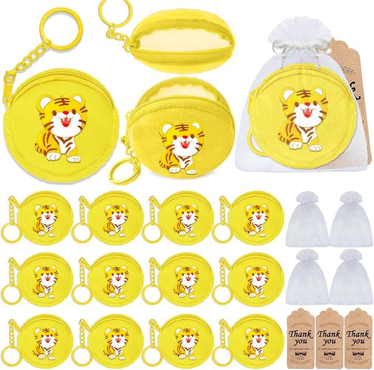36 Pack Tiger Change Purses Set Include 12 Wallets with Keyring,12 Tags and 12 Organza Bags for Tiger Jungle Safari Themed Pary,Creative Souvenirs,Birthday Decor,Yellow