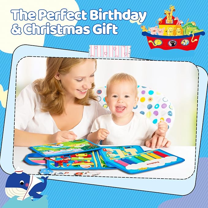 Busy Board Montessori Toys for 3 4 Year Old Boys & Girls Birthday Gifts, Educational Activity Sensory Board Preschool Learning Toys for Toddlers, Travel Toys for Airplane (Noah's Ark)