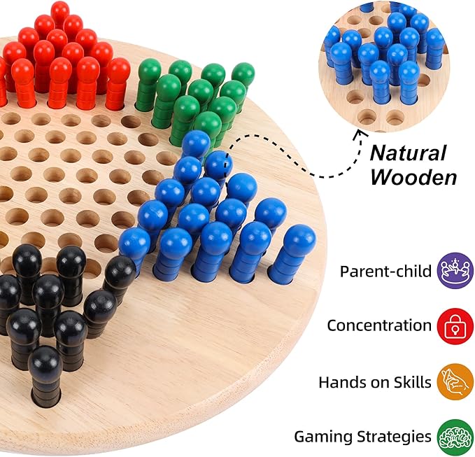 Large 15" Wooden Chinese Checkers Board Game – Classic Strategy Game with 75 Wooden Pegs (6 Colors), 2-6 Players (10 Pegs Each) or 2-3 Players (15 Pegs Each) – Fun Family Game for Kids, Adults