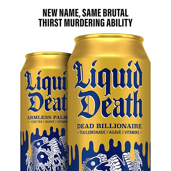 Liquid Death, Dead Billionaire Iced Tea, 8-Pack (19.2oz Cans), Half Lemonade Half Black Tea, Low Calorie, No Artificial Sweeteners, B12 & B6 Vitamins