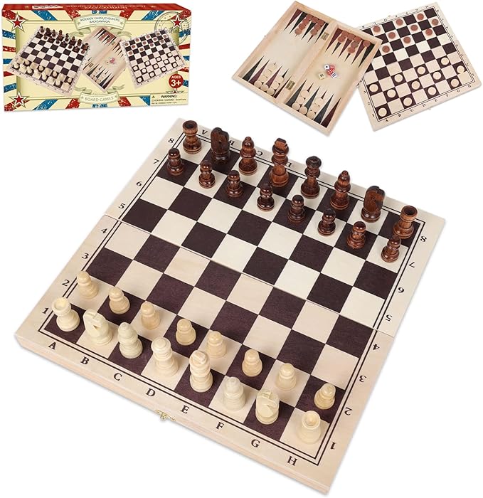 GOTHINK Wooden Chess, Checker, and Backgammon 3 in 1 Board Game Set,Classic Traditional Travel Night Toy and Game Gift Set for Kids Adults Senior Family