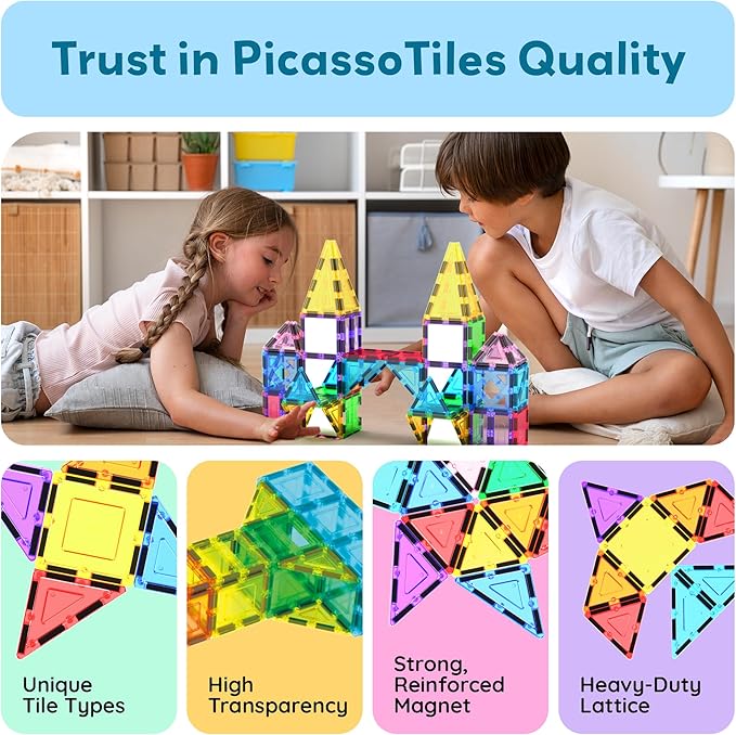 PicassoTiles 152PC Magnetic Tiles Mirror Theme Building Blocks Magnet Toys Construction Sensory Toy Set with Car for STEM Educational Playset Kid Brain Development Gifts for Kids Toddler Age3+ PT152