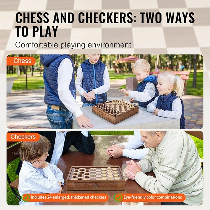 VEVOR Solid Wood Chess Set, 15 inch 2-in-1 Chess Checkers Game Set, Chess Board Games with Storage Drawer & Weighted Chess Checkers Pieces & 2 Queens, Christmas Crafts Xmas Gift