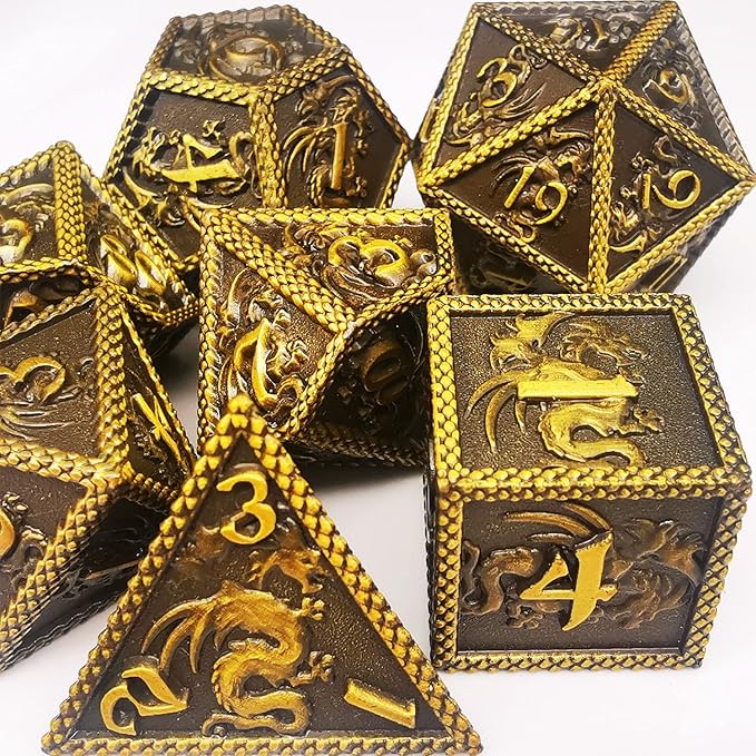 HAOMEJA DND Metal Dice Dragon Set 7 Role Playing Dice D&D Solid Dice Dungeons and Dragons (Ancient Brass)