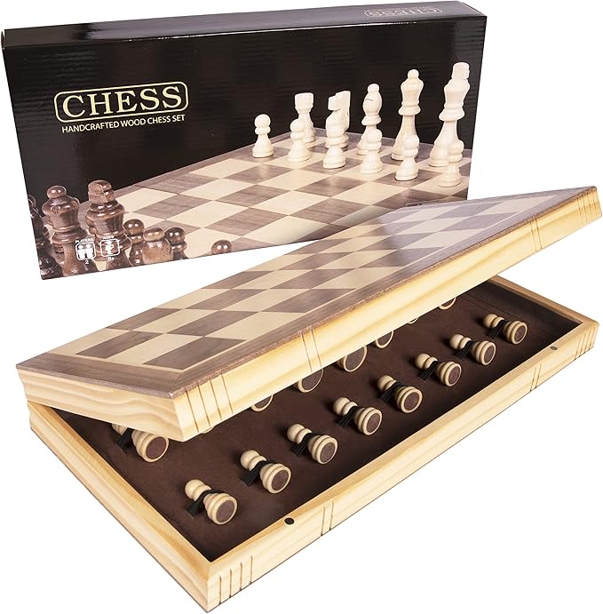 Premium Wooden Chess Set, 15.7 Inche Chess Board Game Set for Adults - Folding Board - Pieces Storage Slots, Handmade Portable Travel Chess Game - Beginner Chess Set for Kids, 6 up Age