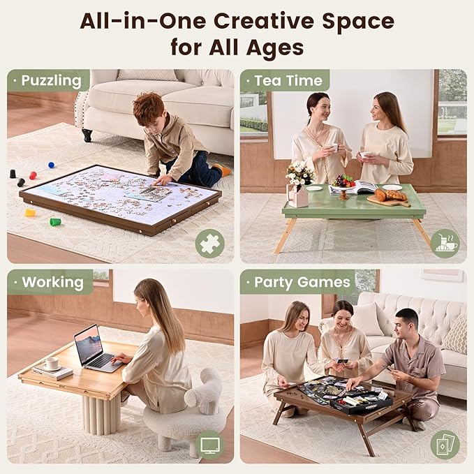 1500 Pieces Wooden Jigsaw Puzzle Board with Foldable Legs, 35"x26.8" Puzzle Table with 4 Drawers and Protective Cover, Large Wood Folding Jigsaw Puzzle Table for Adults and Teens, Mint Green