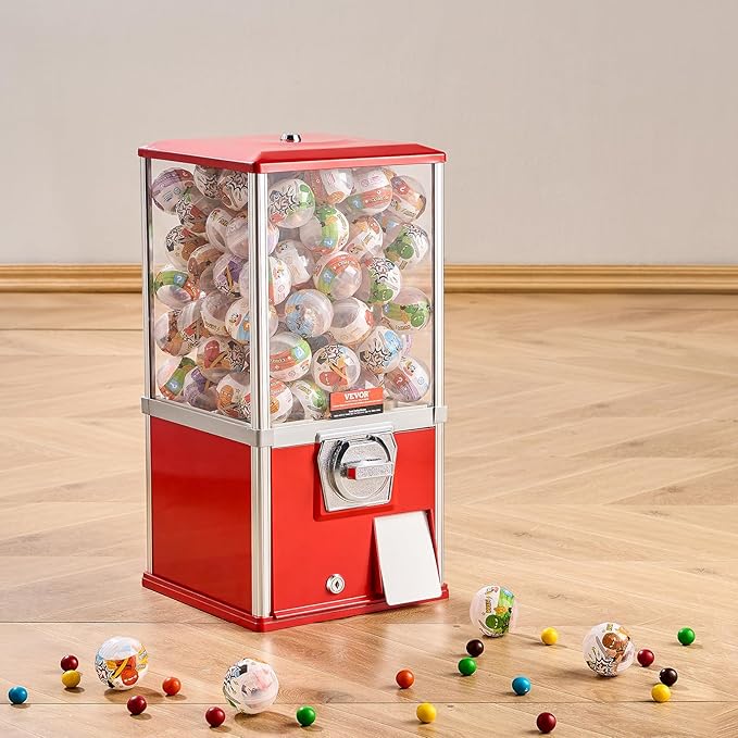 VEVOR Gumball Machine, 21" Height Home Vending Machine, PS Bouncy Balls Dispenser, Hold 180 Capsule Toys, Rectangle Bubble Gum Machine for Game Stores, Coin Operated Gumball Bank, Red