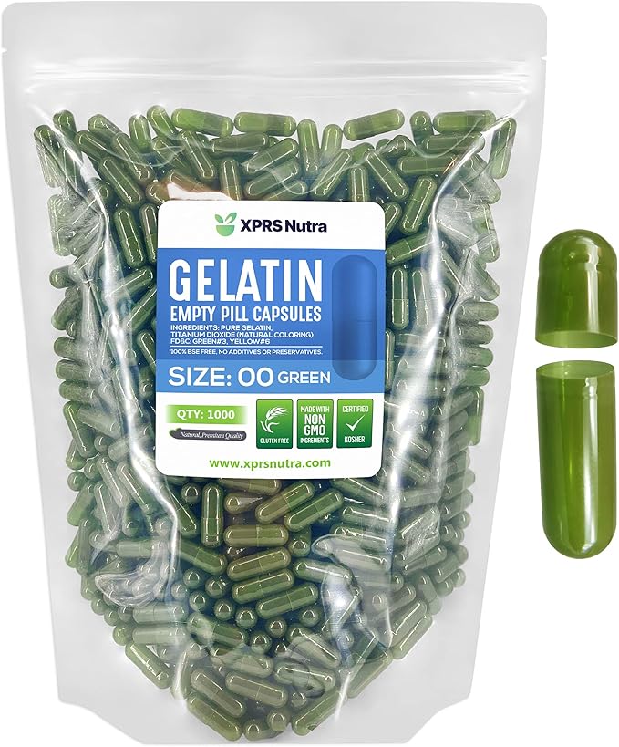 XPRS Nutra Size 00 Empty Capsules - 1000 Count Empty Gelatin Capsules - Pills DIY Capsule Filling - Fillable Pill Gel Caps for Do-It-Yourself Supplements (Green)