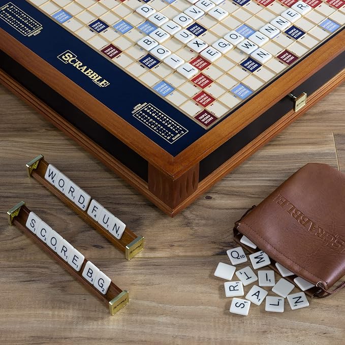 WS Game Company Scrabble Trophy Luxury Edition with Rotating Wooden Game Board