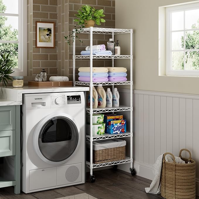 Small 6 Tier Shelves Storage Wire Shelving Unit Metal Shelf Adjustable Organizers Storage Shelving with Wheels for Bathroom Laundry Room Kitchen Pantry12”D x 18”W x 61.6”H White