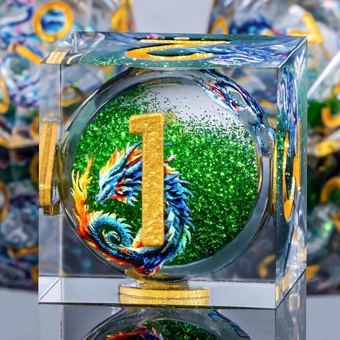 Dragon Pattern Liquid Core DND Dice Set, 7Pcs Sharp Edge D&D Dice with Gift Box, Green Resin Dungeons Dragons D and D Role Playing Dice D20 D12 D10 D8 D6 D4