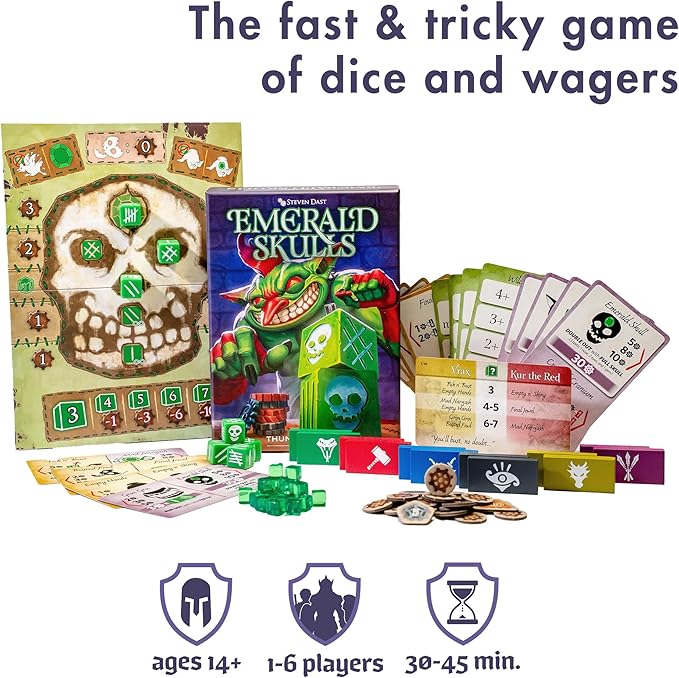 Emerald Skulls | Dice Game with Real-time Betting | Push Your Luck Strategy Board Game | Fast Action Casino-style Group Play | Family Game for 1-6 Players, Ages 14+, 30-45 Minutes