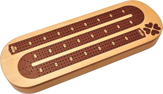 PALM ROYAL HANDICRAFTS 4 Track Wooden Cribbage Board Set Inlaid in Rosewood and Maplewood with pegs and Cards. Storage Available. 4 Player Cribbage Board (15 x 5 Inches)