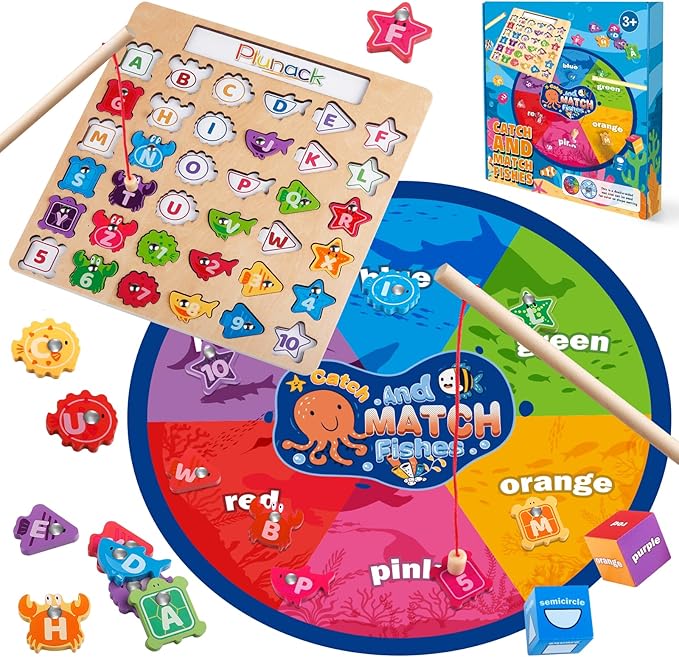 Alphabet Fishing Game - Wooden ABC Letter Puzzle for Toddlers 3-5 Years Old, Fine Motor Skills Toy, Birthday Gift for Kids