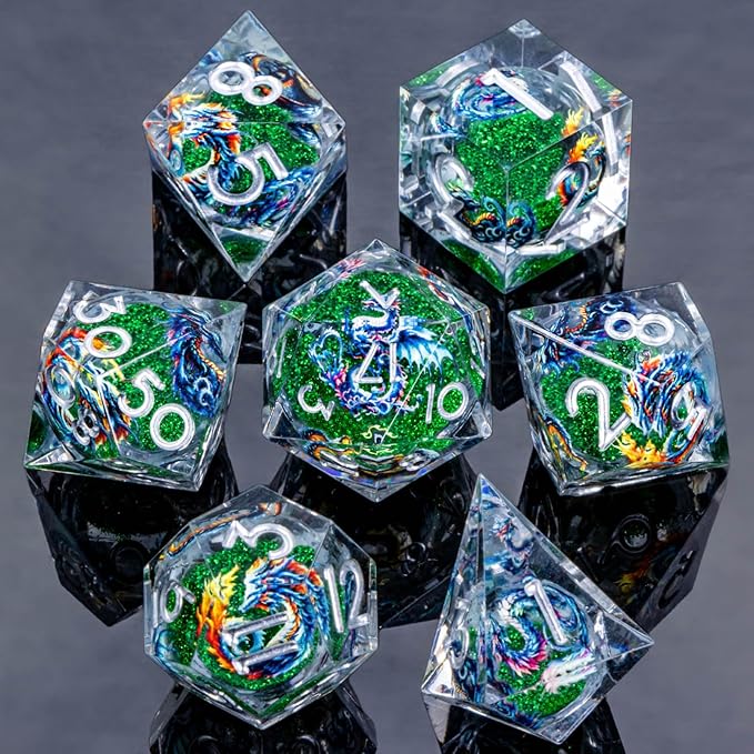 Dragon Pattern Liquid Core DND Dice Set, 7Pcs Resin Sharp Edge D&D Dice with Gift Box, Green Dungeons Dragons D and D Role Playing Game Dice D20 D12 D10 D8 D6 D4