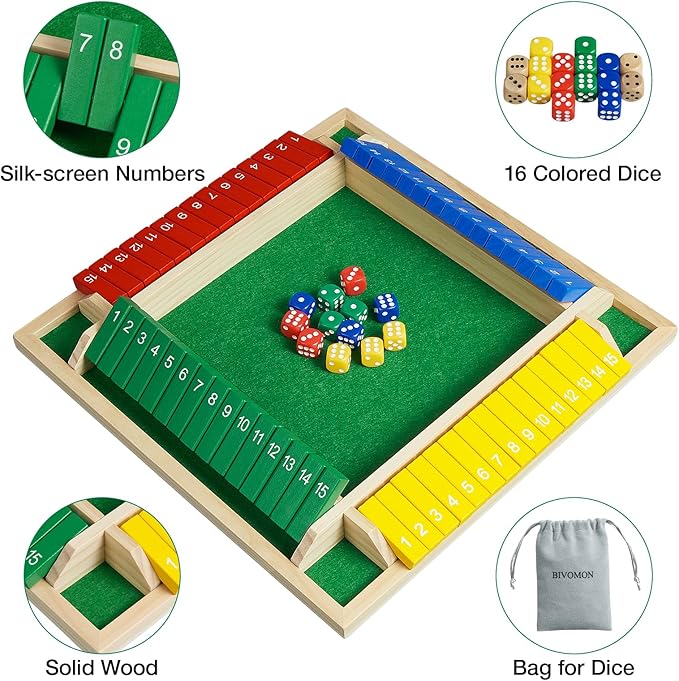 Upgrade Shut The Box Dice Game 1-4 Player, Wooden Board Table Math Games with 16 Dices, Classics Tabletop Version Games for Kids & Adults, Home, Classroom, Party or Pub (14 Inches)