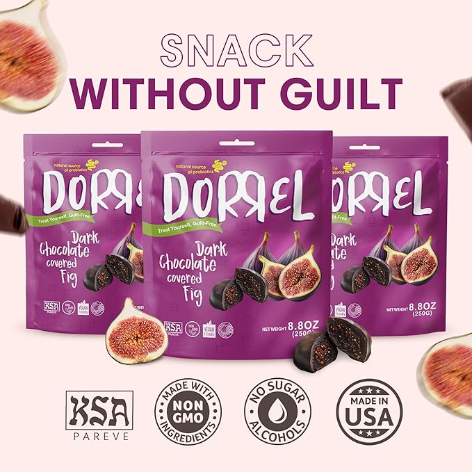 DORREL - Belgian Dark Chocolate Covered Figs, High Energy Vegan Choco Snack with Medjool Dates & Dried Mission Figs Center, Delicious, Kosher & Non-GMO, Pack of 3, 8.8 oz / 250 g Ea