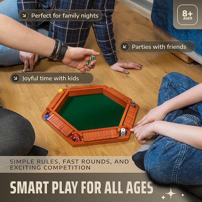 Queensell Shut The Box Game 12 Numbers for 1-6 Players - 16-inch Wooden Board Shut The Box Game 12 Numbers for Adults & Kids - Ideal for Games Night