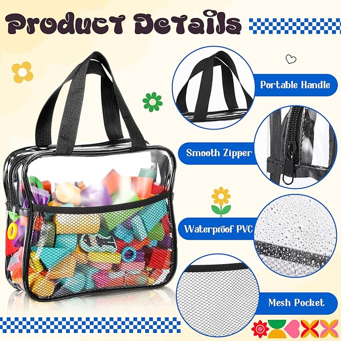 6 Pack Clear Toy Storage Bags with Zipper and Tags Reusable Waterproof Transparent PVC Toy Organizer Cases with Portable Handle for Building Blocks Puzzles Books(3 Large, 3 Medium)