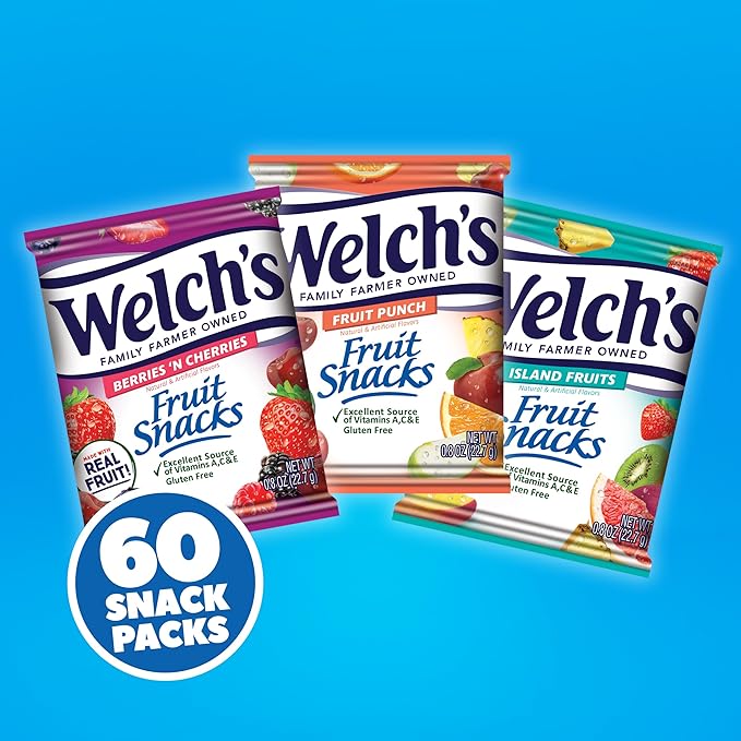 Welch's Fruit Snacks, Fruit Punch & Island Fruits & Berries 'N Cherries Snack Box, Gluten Free, 0.8oz Snack Packs (Pack of 60)