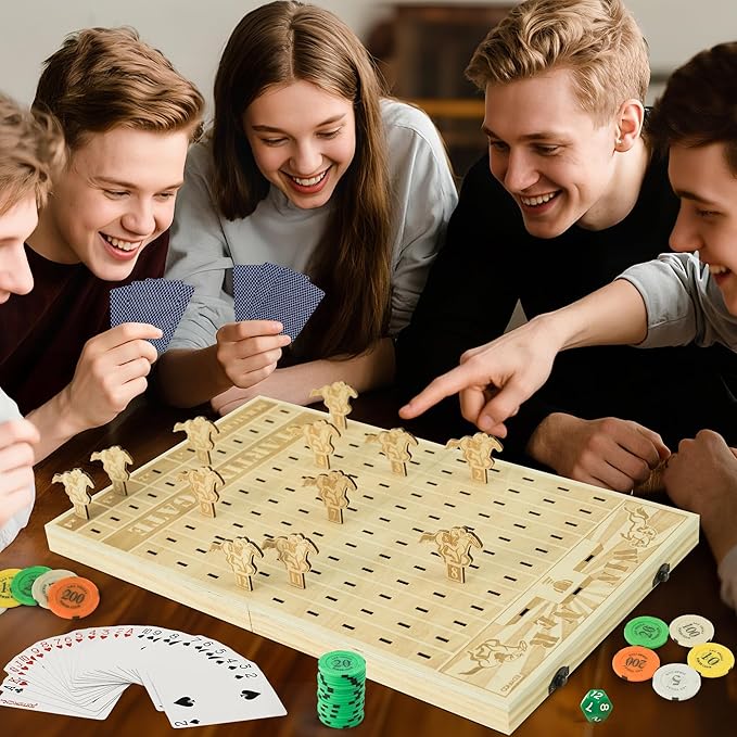 Foldable Horse Race Board Game, Family Dice Game with Solid Wood Board, 12 Horses, 2 Pokers, 100 Chips, Fair Horse Racing Game, Easy Storage, Parties, Family Nights, Gifts, GSM201