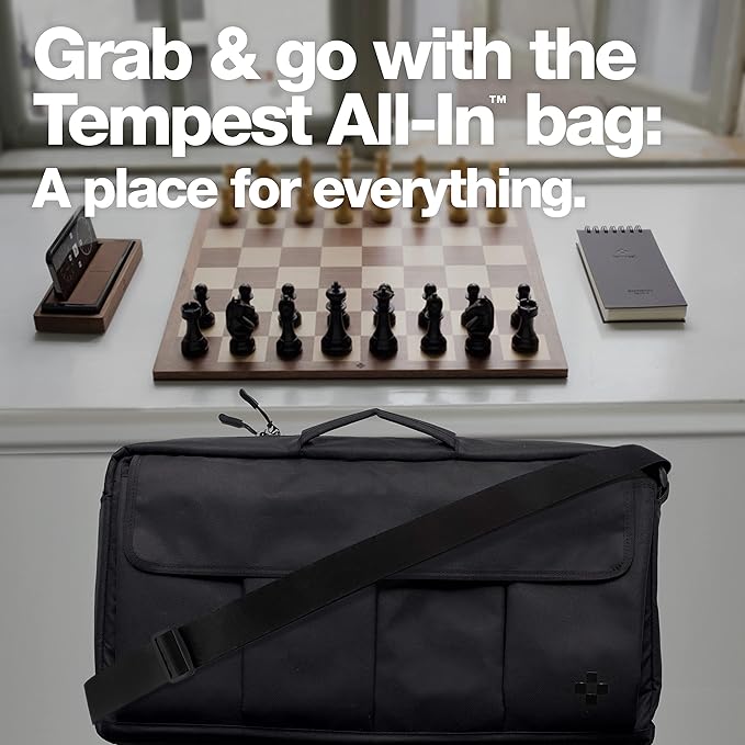 TEMPEST London 2013 Chess Ensemble (Without Clock) :: Wooden Chess Set + Hardwood Portable Chess Board + Weatherproof Carry-All Bag + Lacquer Storage Box + Scorebook