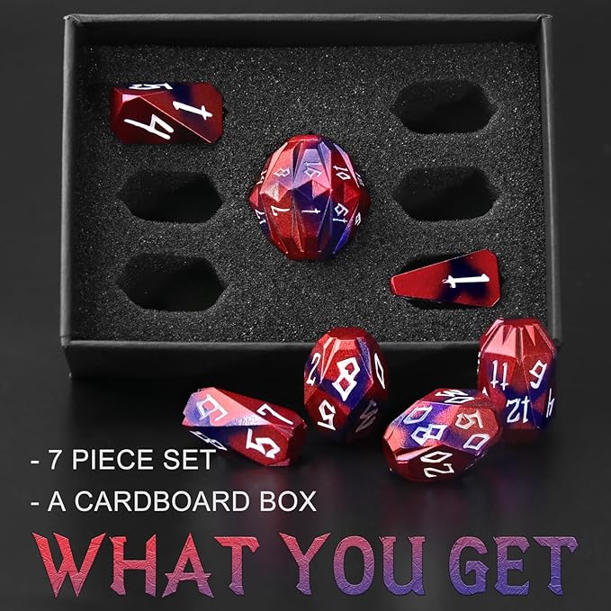 Metal Dice Set D and D for Dungeons and Dragon, Metal Polyhedral DND Dice with Cardboard Box Unique Cool RPG Dice for Role Playing Tabletop Games Gifts (Black Red)