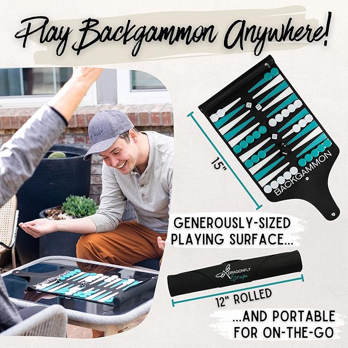 Roll-Up Travel Backgammon Game | Lightweight Roll-up Backgammon Set | Travel Backgammon Sets for Adults | Portable Travel-Size Strategy Board Game for Camping, Backpacking or Beach