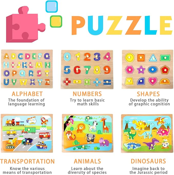 WOOD CITY Toddler Puzzles and Rack Set, Wooden Peg Puzzles Bundle with Storage Holder Rack, Educational Knob Puzzle for Kids Age 2 3 4 Years - Alphabet Number Shape Dinosaur Animal Vehicle