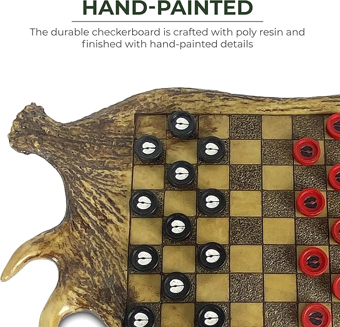 Rivers Edge Products Checkerboard Set for Cabin or Lodge, Rustic Checker Board Games for Adults, Tabletop 2 Players Game, Cabin or Lodge, Living Room Decor or Home Office Decor, Moose Antler