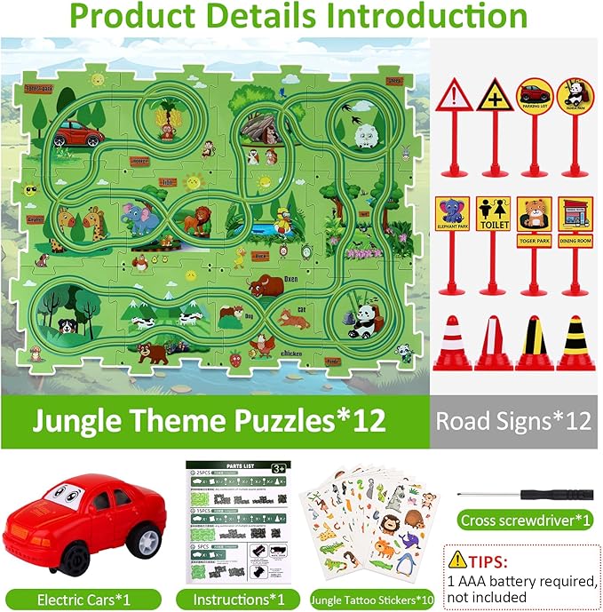 25PCS Puzzle Racer Kids Car Track Set, Jungle Themed Series, Educational Car Puzzle Toys Gifts for Kids and Boys