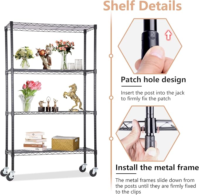4-Tier Adjustable NSF-Certified Metal Shelf 36L x 14W x 62H Wire Shelving Unit Storage with Wheel for Small Places Restaurant Garage Pantry Kitchen Garage Rack,Black