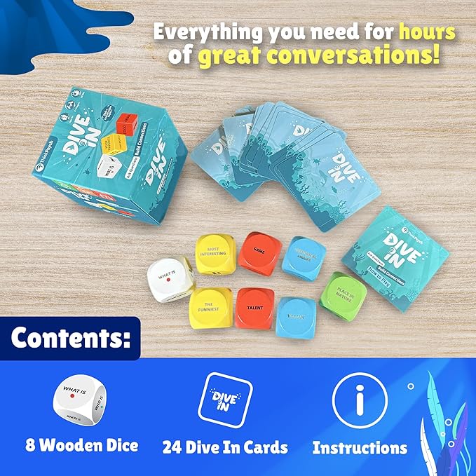 ThinkPsych Dive in - SEL Conversation Dice Game with 400+ Topics | Therapy Games for Kids & Teens | Social Emotional Learning for Home & School | Play Therapy & Counseling Toys | Ages 6-99