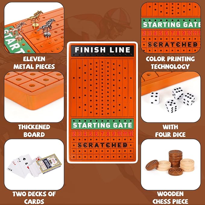 3-in-1 Horse Race Board Game &Checkers & Tic-Tac-Toe ，3 in1 Wooden Board Game Set for Kids & Adults Travel Family Foldable Horse Racing Board Game with 11 Metal Horses Interactive Strategy Game