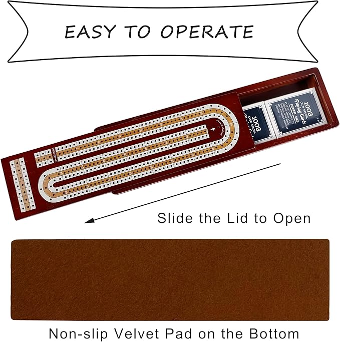 Juegoal Upgrade Wood Cribbage Board Game Set, Solid Wooden Continuous 3 Track Board with Larger Storage Area, 9 Metal Pegs and 2 Decks of Playing Cards, Travel Portable Cribbage Game Sets