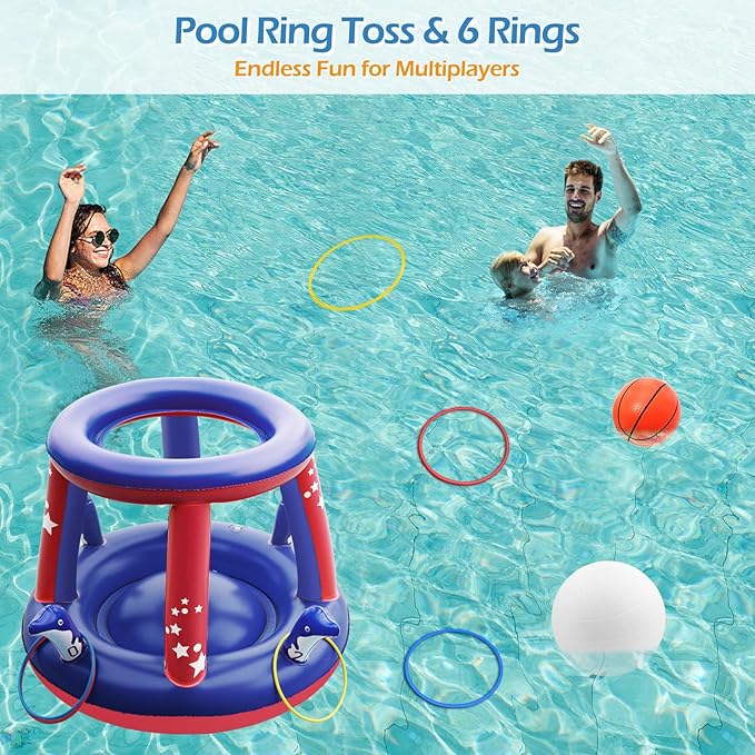 Jasonwell Pool Toys Games Set - 3 in 1 Pool Volleyball Net Basketball Hoop Ring Toss Game Inflatable Floats Water Floating Volleyball Swimming Pools Party Game Accessories Toy Gift Kids Teens Adults
