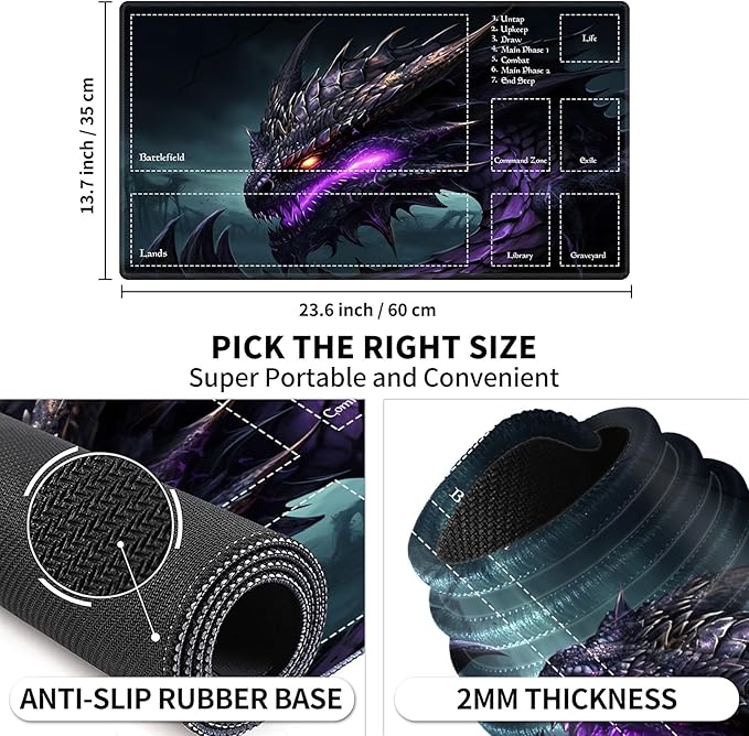 MTG Playmat Stitched with Magic Zone for MTG Card Game Playing, Commander Board Game Desk Mat Duel Mat Card Battles Binder Deck 24x14inches for Beginner, Dragon