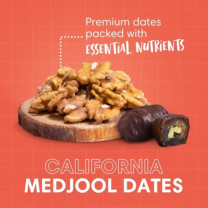 DORREL - Belgian Dark Chocolate Covered Dates (Medjool) with Walnuts Stuffing, High Energy Vegan Choco Snack, Delicious, Kosher & Non-GMO, Pack of 3 Stuffed Chocolate Dates, 7.05 oz / 200 g Ea