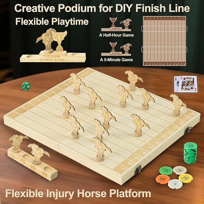 Magnetic Horse Race Board Game, Party Games with Magnet Wood Board, 12 Horses, 2 Pokers, 100 Chips, Fair Horse Racing Game, Smooth Gameplay, Game Nights, Luxurious Gift, Edyfico GSM301