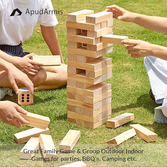 ApudArmis 54 PCS Tumble Timber Set [Stack to 3FT], Pine Wooden Tumble Tower Game with Dice and Scoreboard Set - Classic Block Stacking Board Game for Teens Children Teenagers