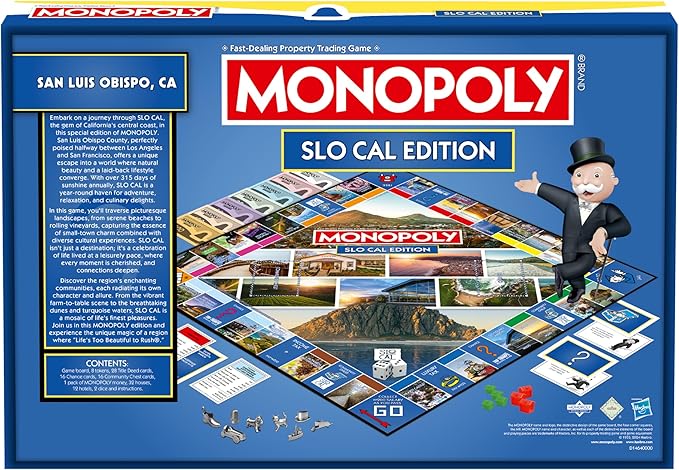 Monopoly Board Game SLO Cal Edition : 2-6 Players Family Board Games for Kids and Adults, Board Games for Kids 8 and up, for Kids and Adults, Ideal for Game Night