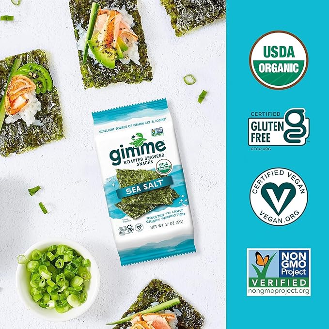 gimMe Organic Roasted Seaweed Sheets, Sea Salt, Keto, Vegan, Gluten Free, Great Source of Iodine and Omega 3’s, Healthy On-The-Go Snack for Kids & Adults, #1 Sea Salt, 0.17 Ounce (Pack of 40)