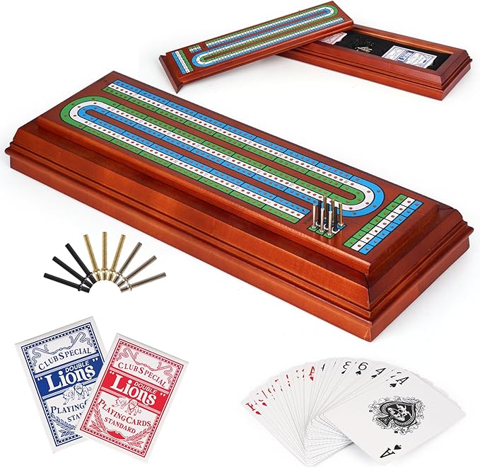 Wooden Cribbage Board Game Set with Large Storage Area, Solid Wood 3 Track Cribbage Board, 9 Metal Pegs, 2 Playing Cards and Instruction. Travel Family Game Night Travel Cribbage Sets for All Ages