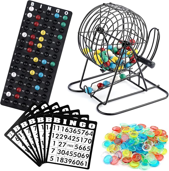 Deluxe Bingo Game Set Includes 18 Mixed Cards, 150 Vibrant Chips, 75 Calling Balls, 8” Bingo Cage - Premium Bingo Set for Large Groups and Parties