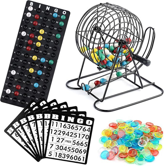 Deluxe Bingo Game Set Includes 18 Mixed Cards, 150 Vibrant Chips, 75 Calling Balls, 8” Bingo Cage - Premium Bingo Set for Large Groups and Parties