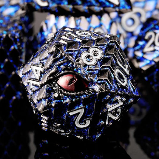 Metal Dice Set D&D,7 PCS Dragon Scale Metallic DND Dice Set,Dragon Eye Metal Dice with Gift Metal Box for Dungeons and Dragon Tabletop Game (Glitter Blue Dragon Scale & Red Eye)