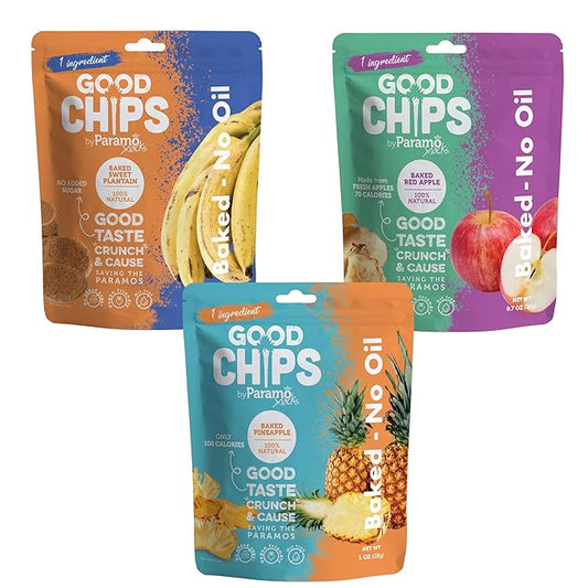 Good Chips Baked Crunchy Apple, Pineapple, Sweet Plantain - Crispy, Oil Free, Healthy, Naturally Sweet Dried Fruit Snacks Variety Pack - Pack of 3