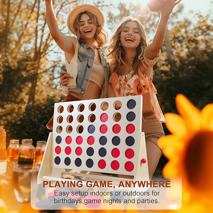 GOTHINK Giant Wooden Four in a Row 1.9Ft Board Games for Family Night Toy Gifts - 4 in a Row Game Set with 42 Coins for Kids & Adults Birthday Party Games & Holiday Indoor/Ourdoor Activity