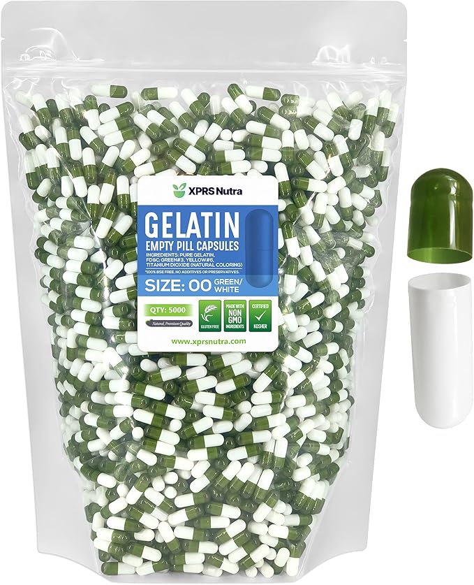 XPRS Nutra Size 00 Empty Capsules - 5000 Count Empty Gelatin Capsules - Pills DIY Capsule Filling - Fillable Pill Gel Caps (Green/White)