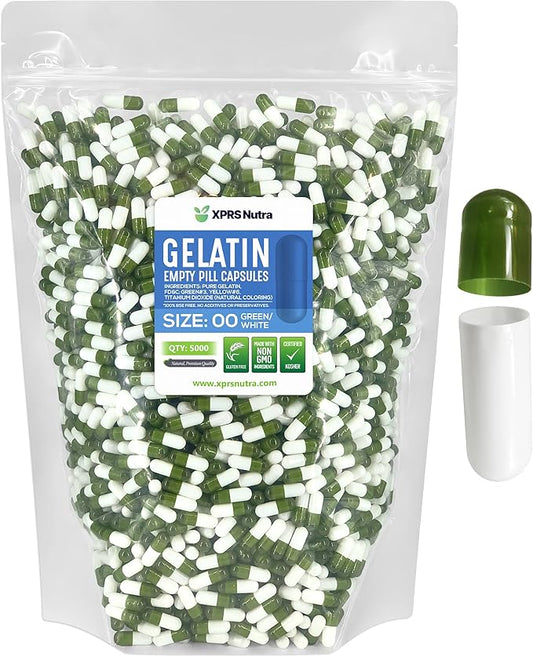 XPRS Nutra Size 00 Empty Capsules - 5000 Count Empty Gelatin Capsules - Pills DIY Capsule Filling - Fillable Pill Gel Caps (Green/White)